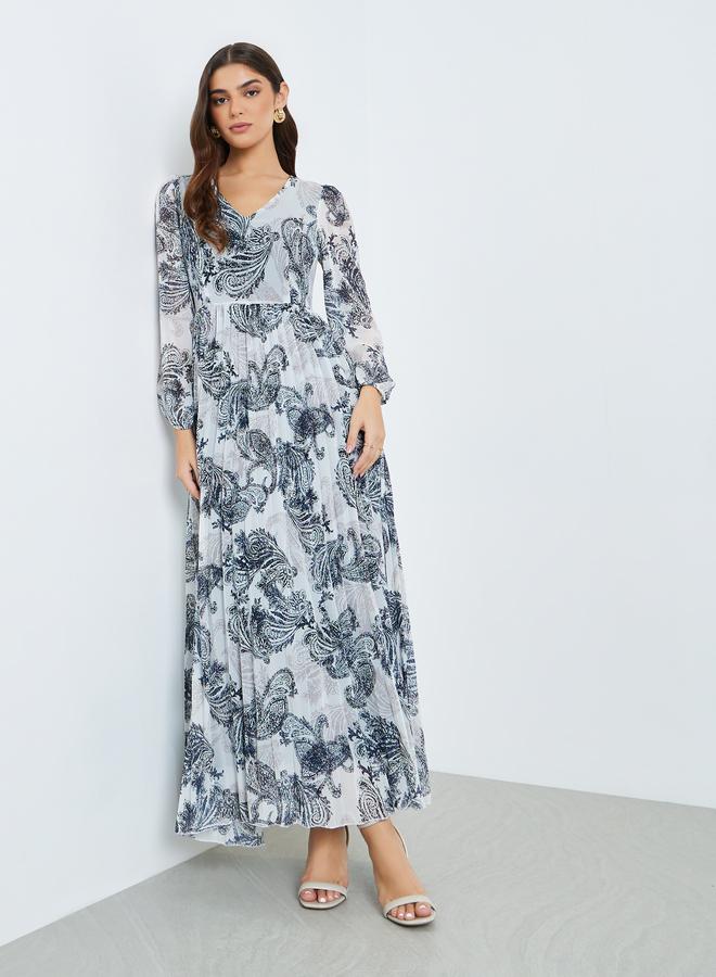 Styli Women Navy Blue Floral Print A-Line Maxi Dress - Image 5